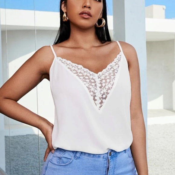 Lace v neck cami tank top navy blue Boho minimalist business casual - Picture 4 of 9